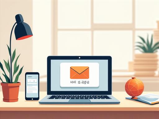 LumiBelle Korea contact illustration, featuring a clean, modern office desk with a laptop displaying an email icon, a phone, and a globe, promoting global connectivity and clear communication channels.
